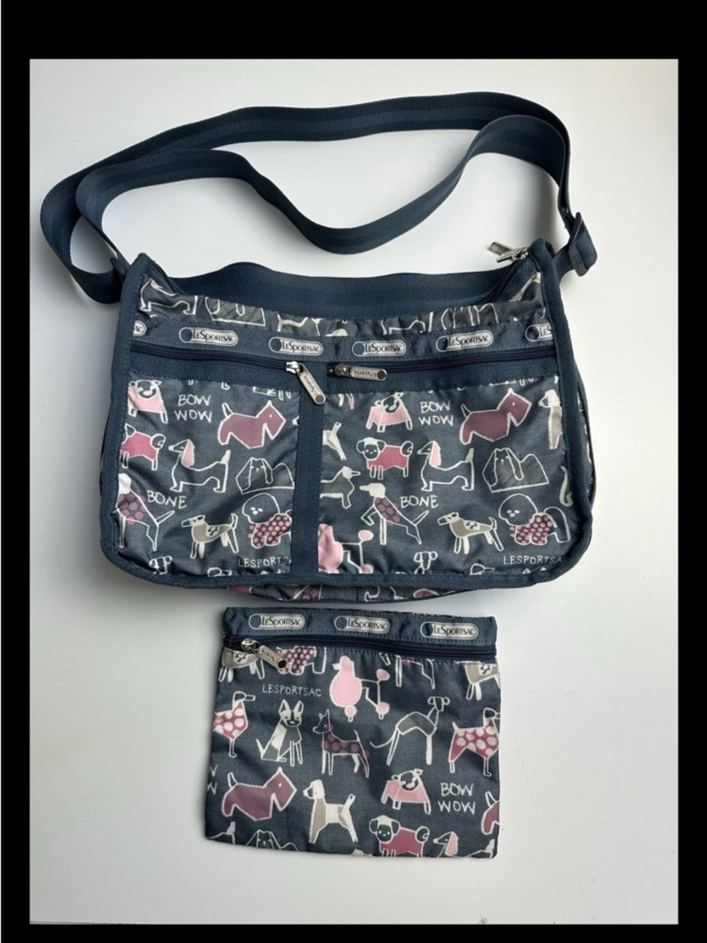 LeSportsac Deluxe Everyday Bag Expandable Fun Dog Print Bow Wow Bag Crossbody - Picture 11 of 11